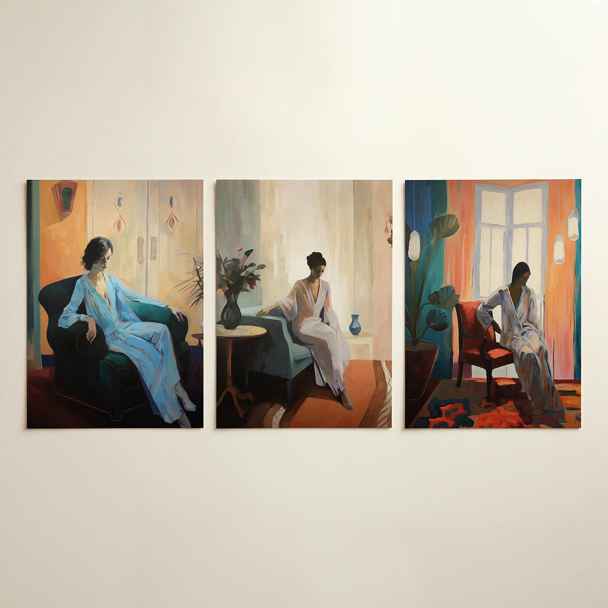 Zachte kleurharmonie driedelige posterset in tweede interieur