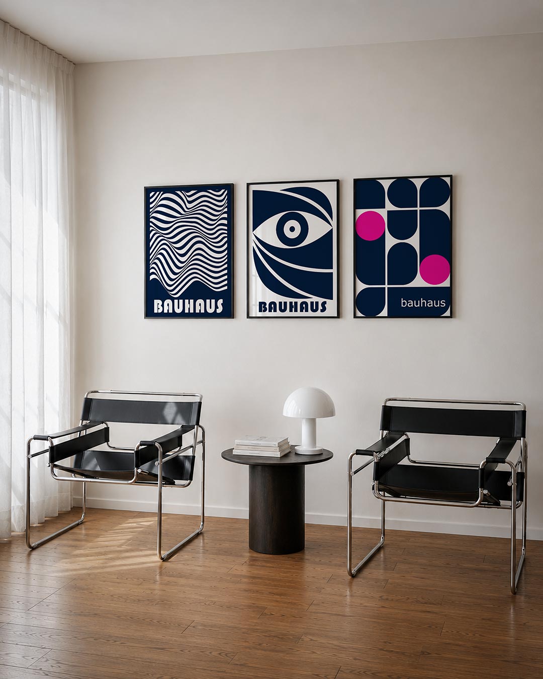 Golvend lijnenspel driedelige posterset – deze posterset toont een dynamisch lijnenspel met golvende witte lijnen op een