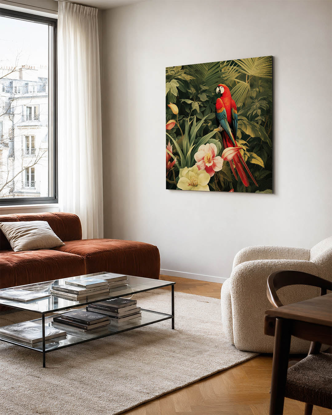 Exotische vogel en bloemen kunstwerk – vierkante wanddecoratie – dit werk toont een kleurrijke papegaai te midden van