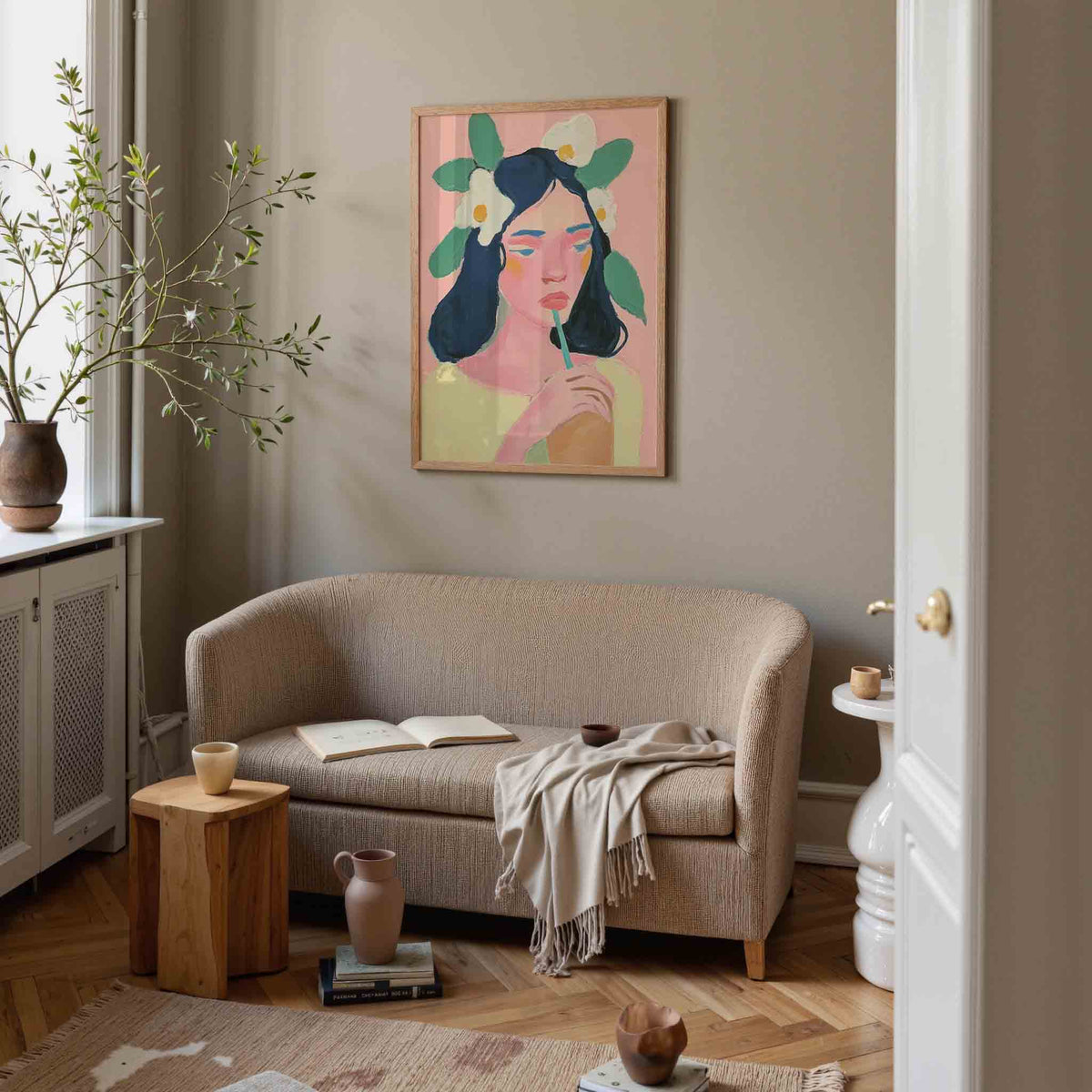 Vrouw met bloemen – pastel poster in staand formaat