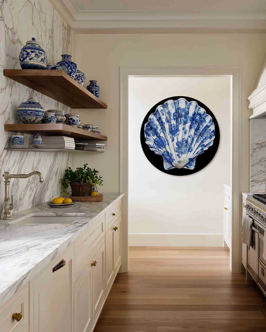 Blauwe schelp – kleurrijke Pop Art muurcirkel voor aan de muur