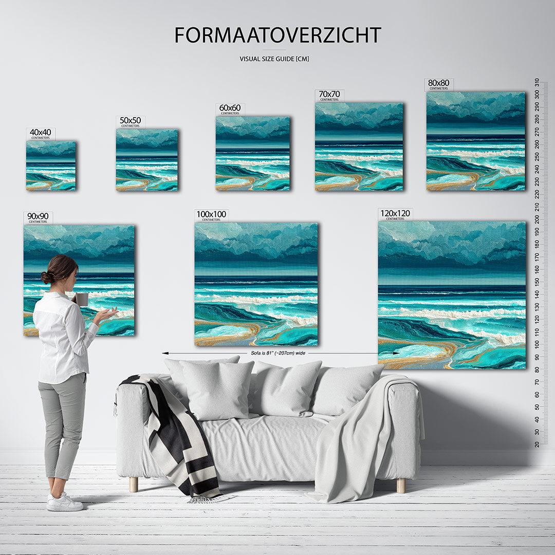 Golvend zeezicht kunstwerk – materiaalweergave – dit werk toont een dynamisch zeegezicht met golvende lijnen en rijke