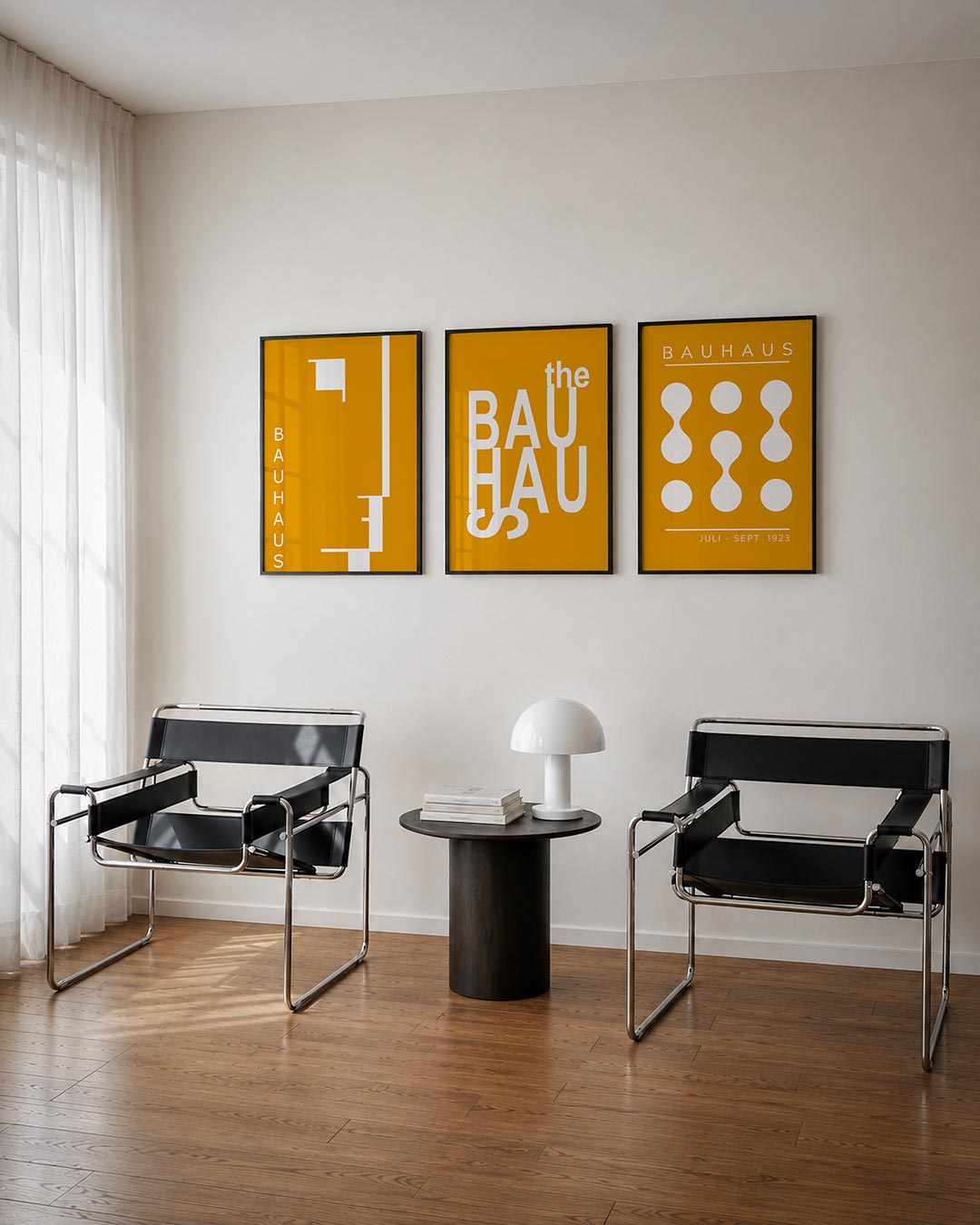 Kleur en lijnenspel posterset – derde productweergave – deze posterset in drie delen speelt met oranje en wit. Rechte lijnen