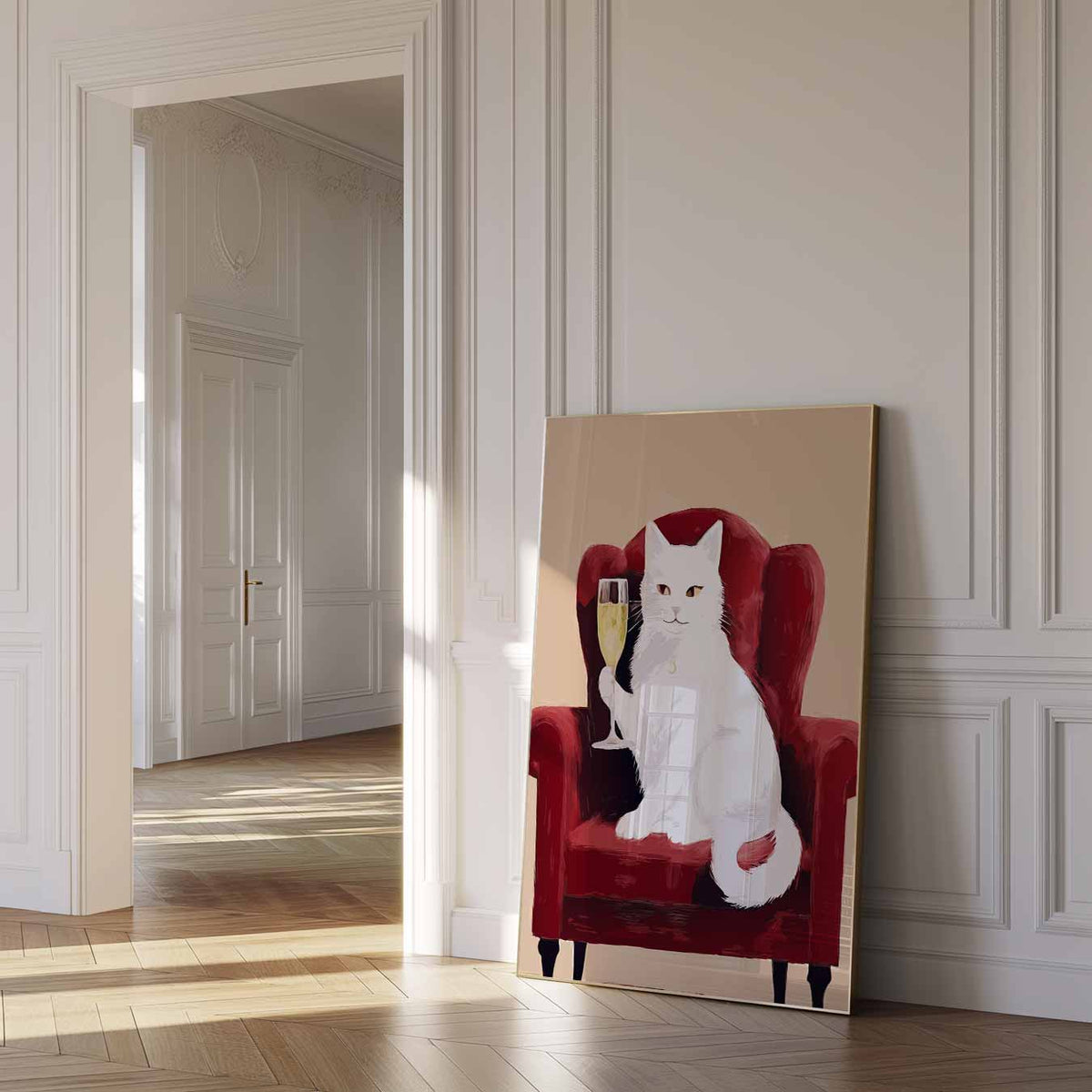 Stijlvolle Kat Met Champagnetoast – dierenposter als moderne staande wanddecoratie