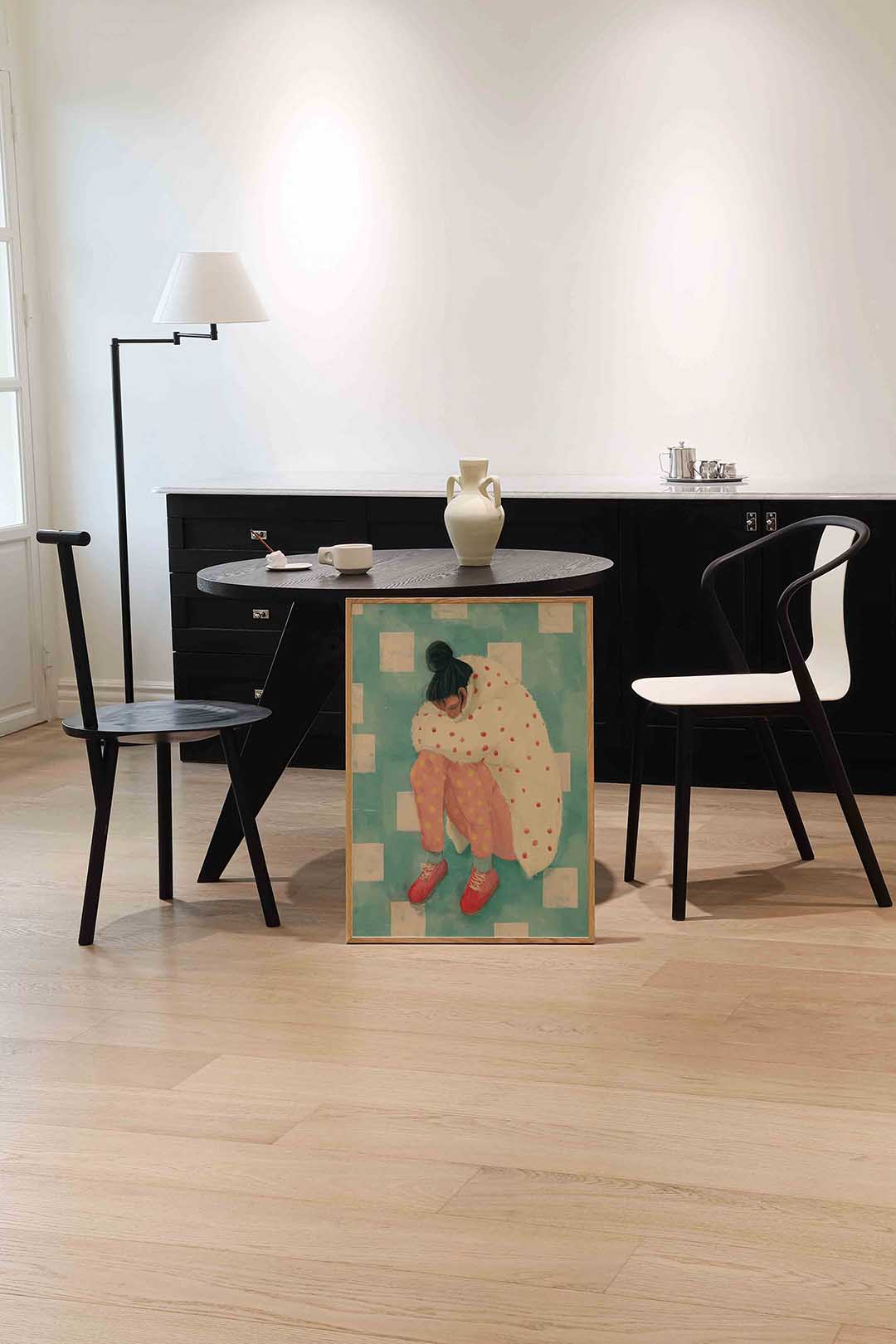 Vrouw in stippenjas – moderne wandkunst als portret poster