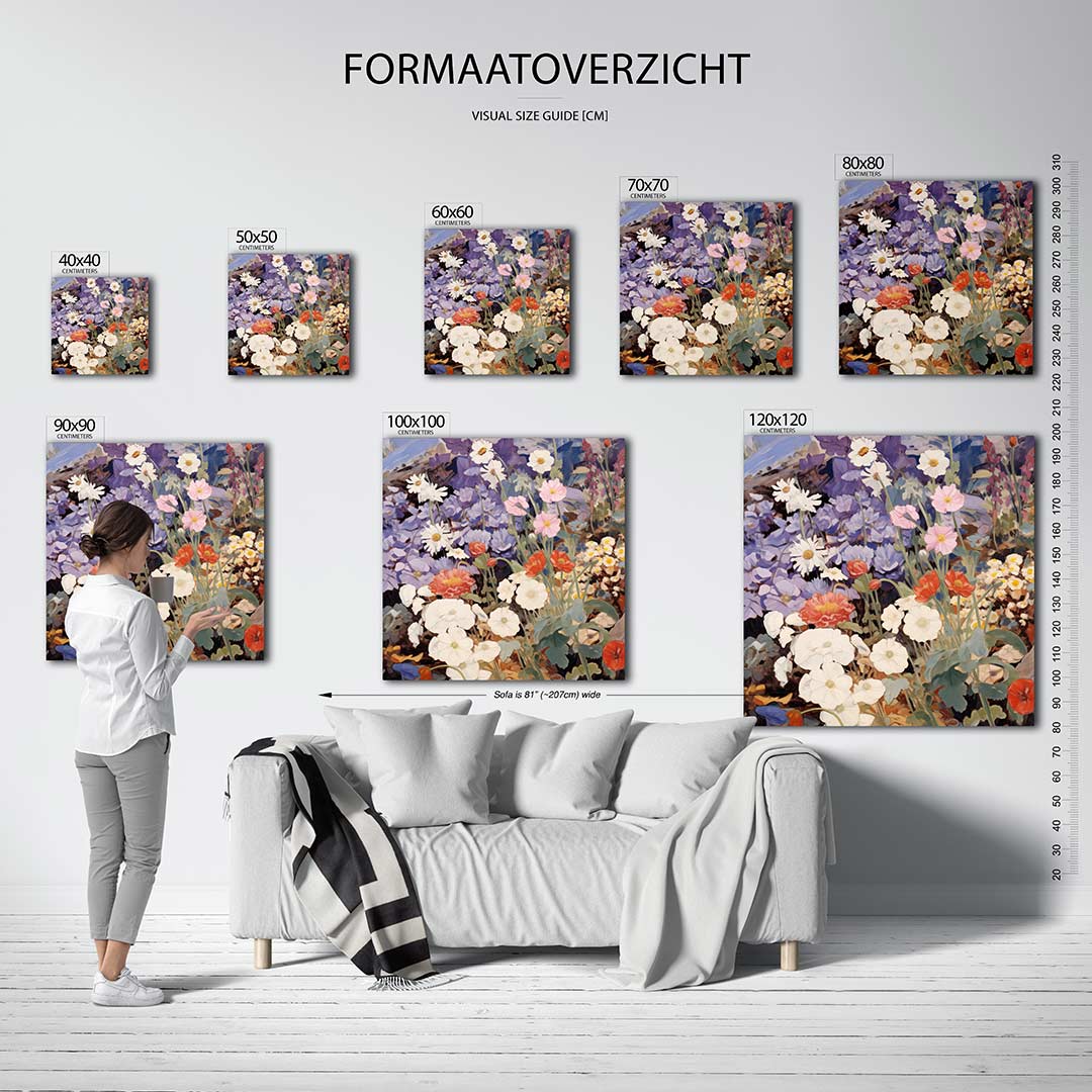Bloemenpracht kunstwerk – dit kunstwerk toont een weelderige verzameling bloemen in diverse kleuren. De compositie is