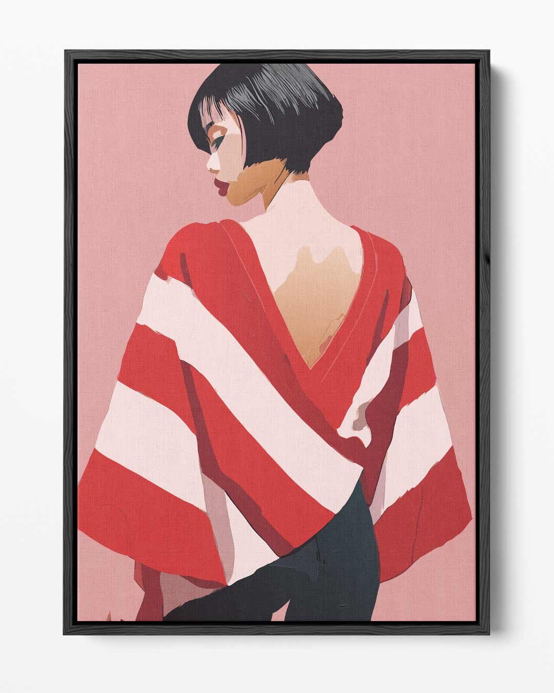 Vrouw met Rode en Witte Streep Cape – portret kunstwerk als wanddecoratie