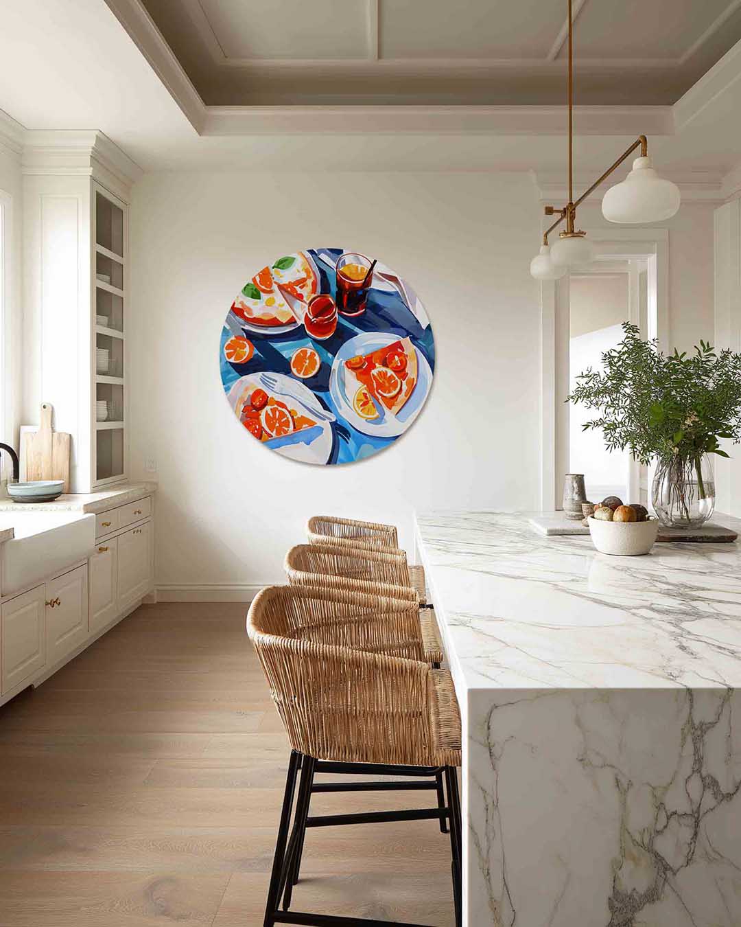 Pizza en citrusvruchten – abstracte muurcirkel als ronde wanddecoratie
