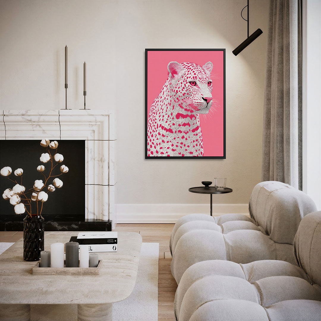 Roze luipaard portret – staand wanddecoratie kunstwerk