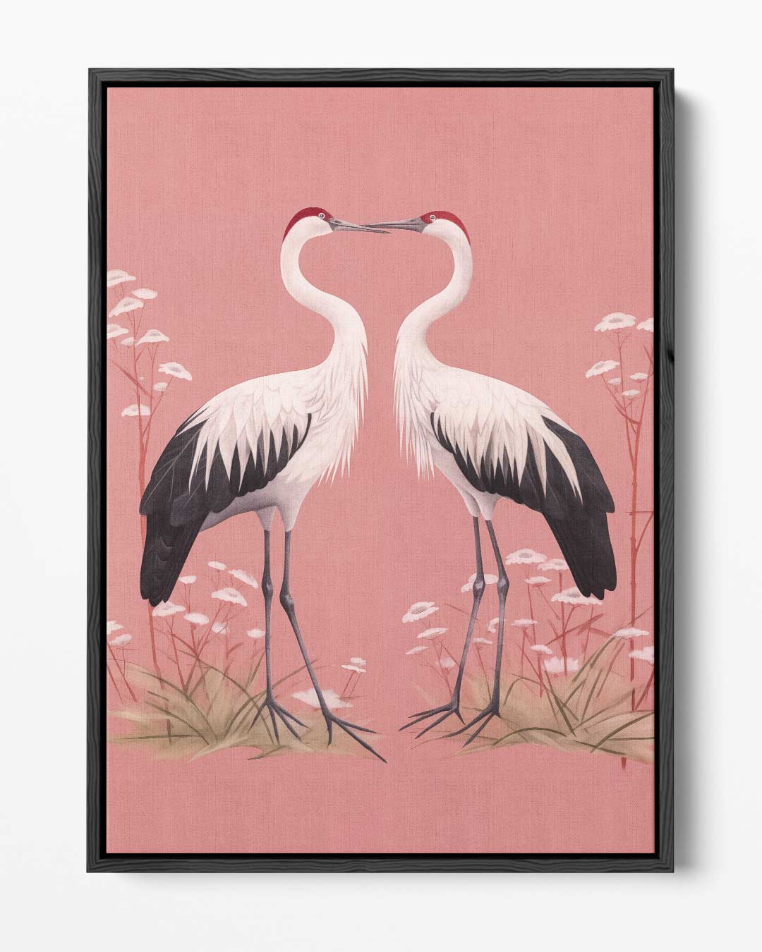 Romantische Kraanvogels op Rosa Achtergrond – portret kunstwerk als wanddecoratie