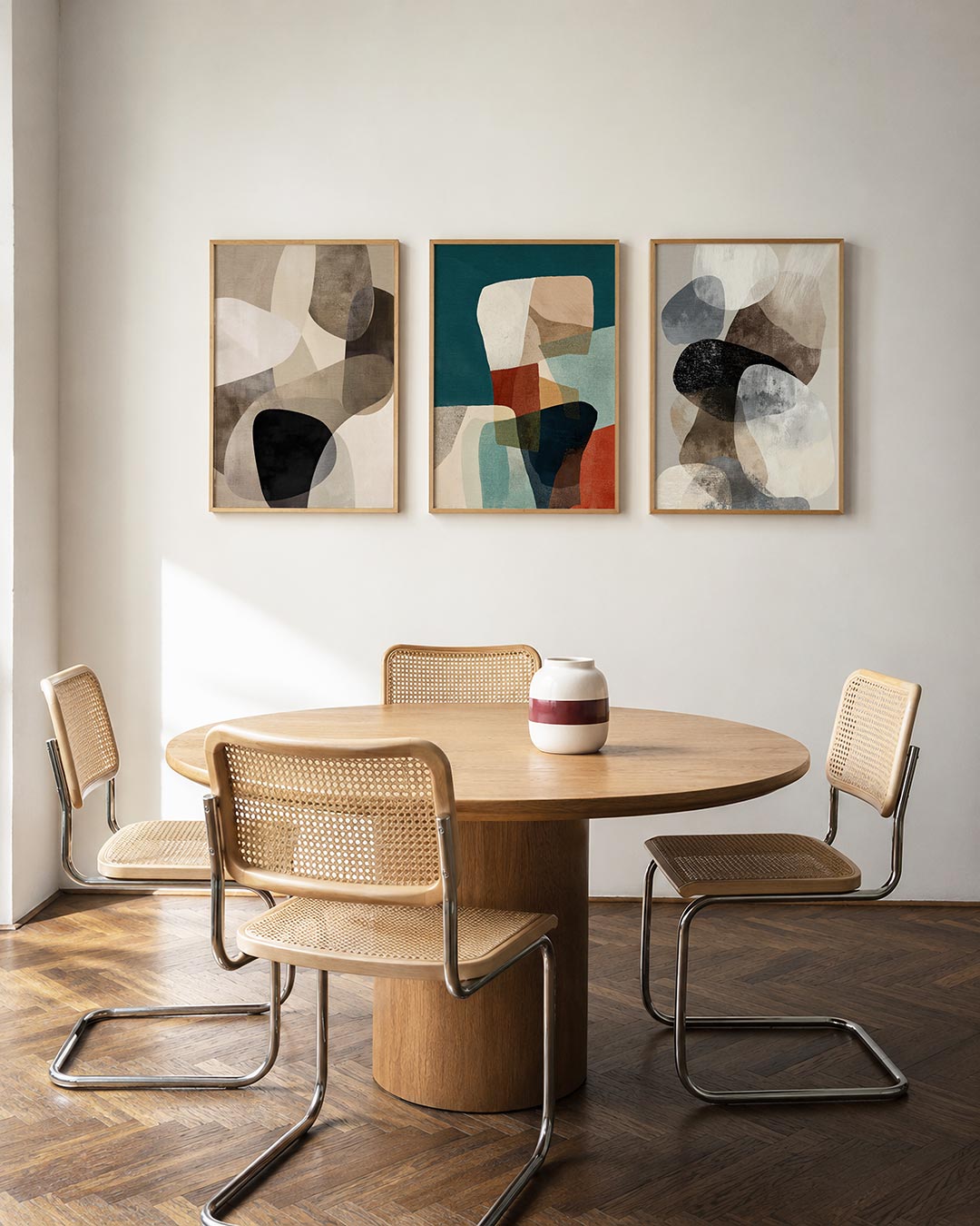 Vloeiende vormen driedelige posterset in interieur