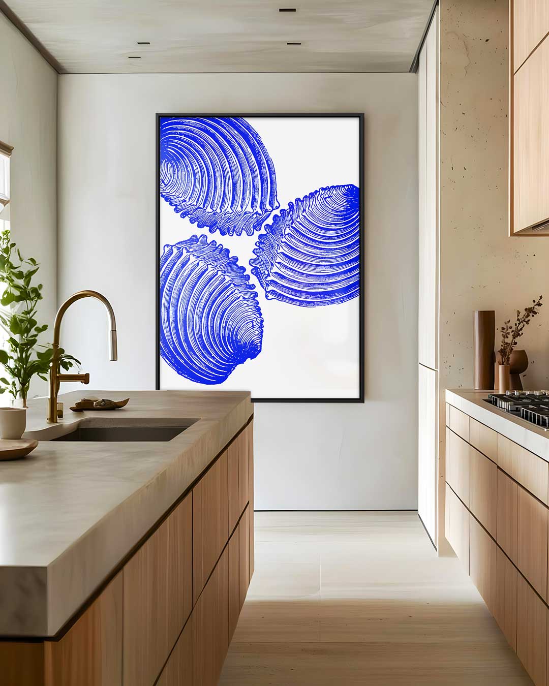 Blauwe Schelp Trio Kunstwerk – kunstwerk met zwarte baklijst