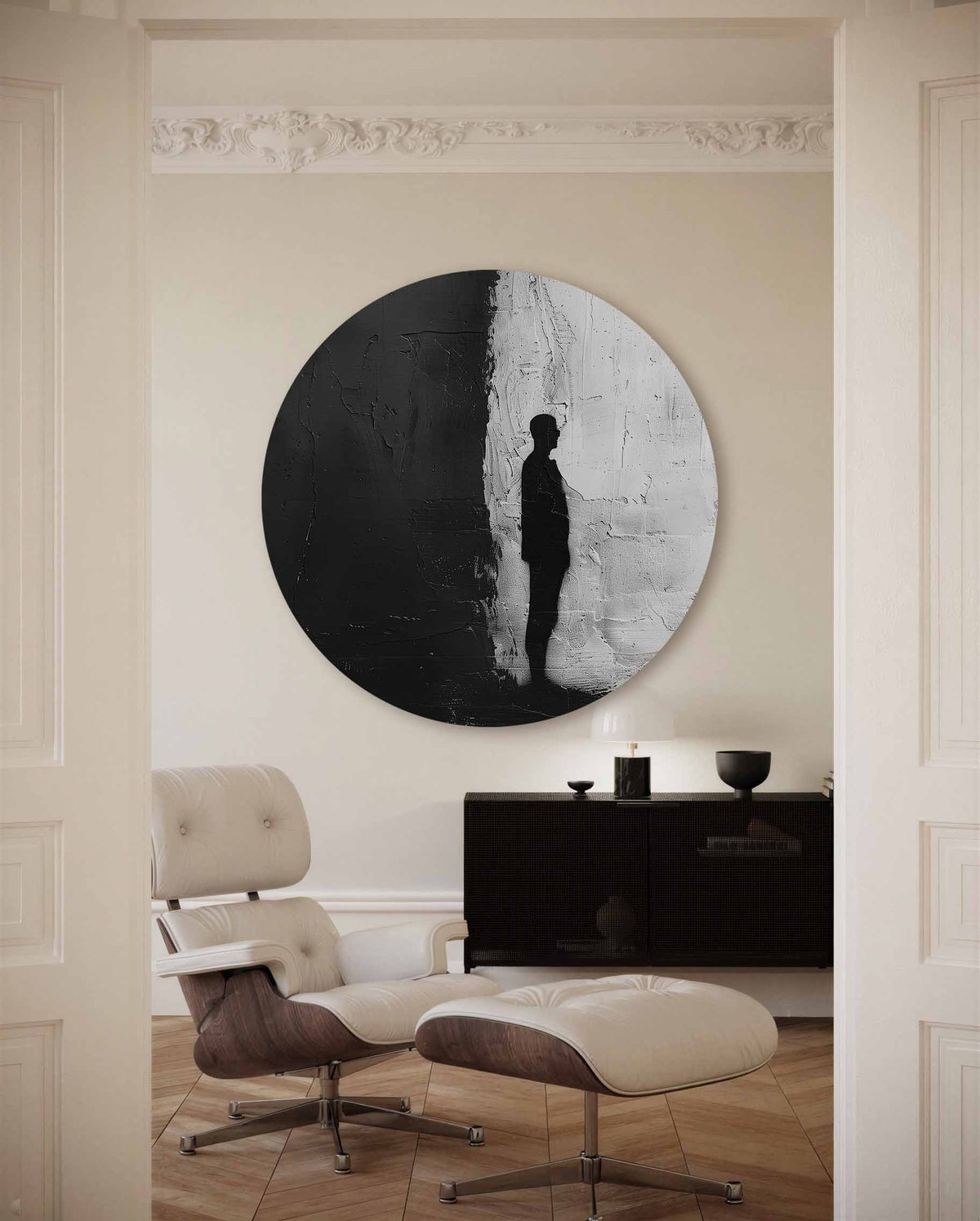Silhouet in zwart en wit – portret muurcirkel als ronde muurdecoratie