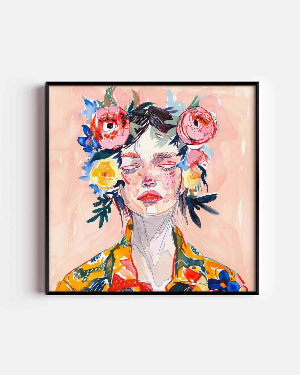 Bloemenkrans portret – vrouwelijk portret als vierkante poster