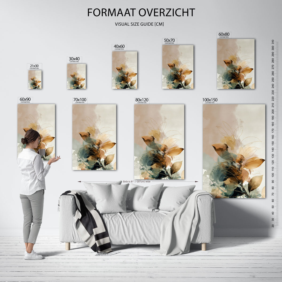 Bladeren en aquarel – staande muurposter met abstracte vormen