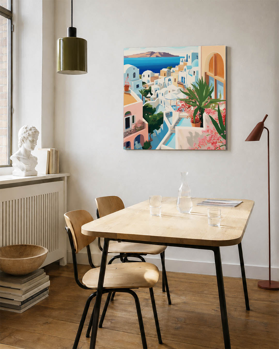Mediterraans dorp kunstwerk – detailweergave – dit kunstwerk toont een zonnig dorp met witte gebouwen en blauwe daken