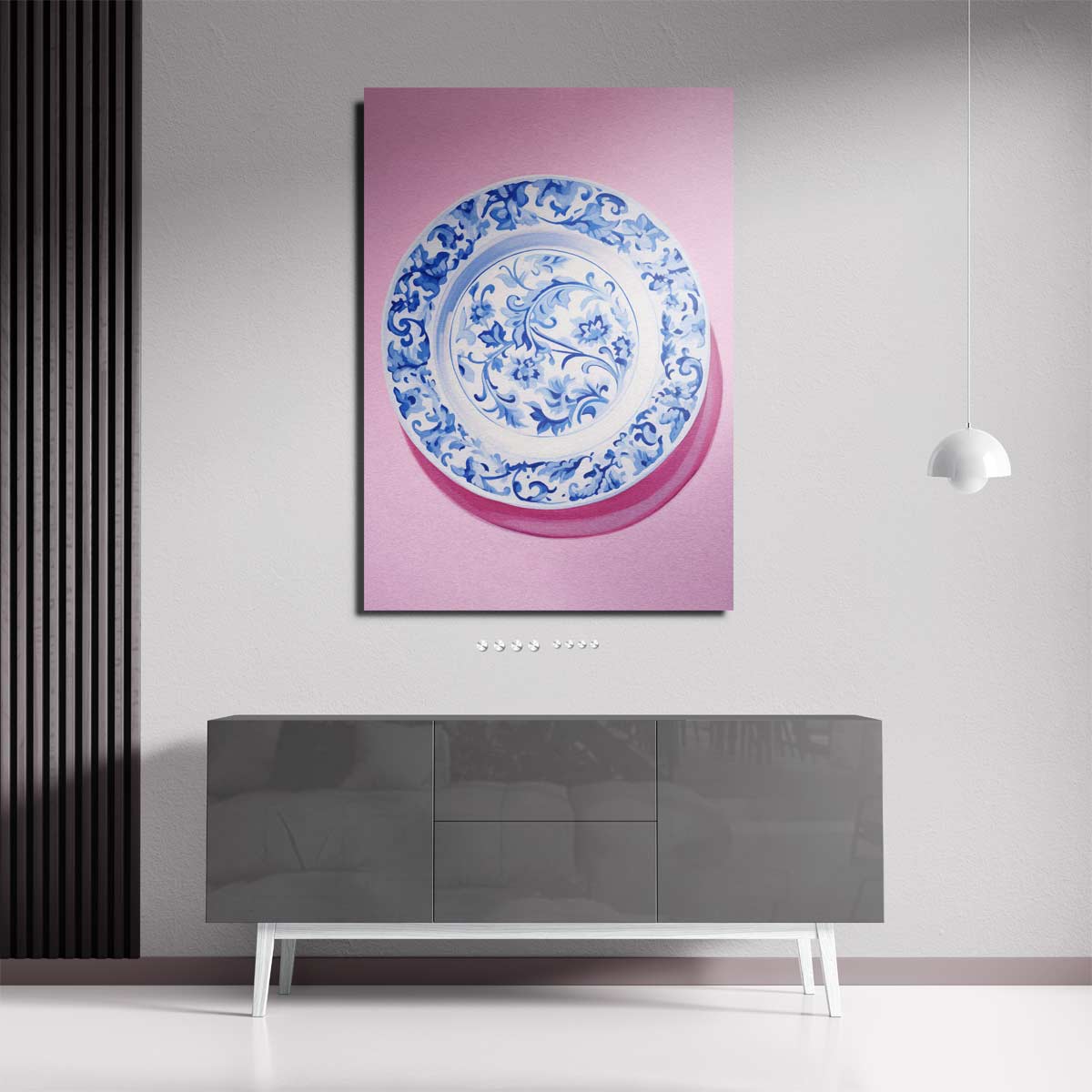 Blauwe Bloemenpracht op Roze – staande wandkunst voor woonkamer of interieur