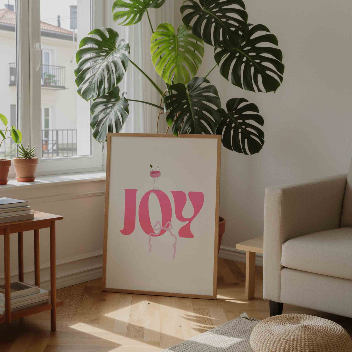 Joy roze letters – feestelijke wandkunst als portret poster