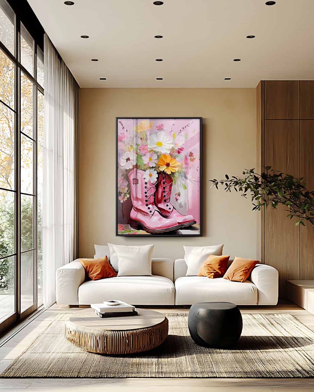 Bloemrijke Laarzen in Roze Tint – plexiglas wanddecoratie in portret formaat