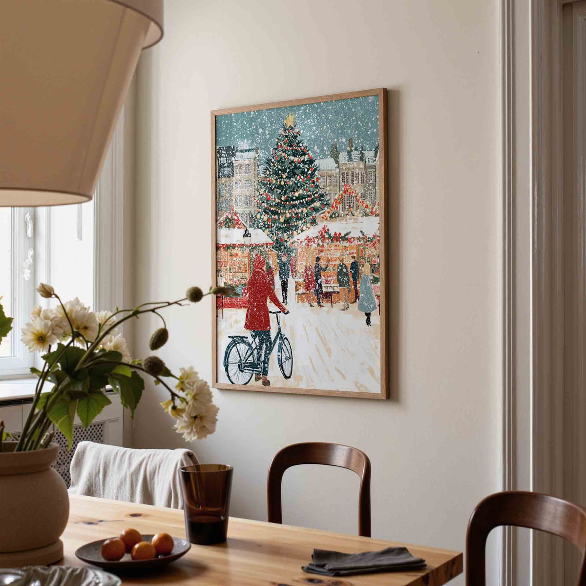 Kerstmarkt met sneeuw – kerstposter in staand formaat