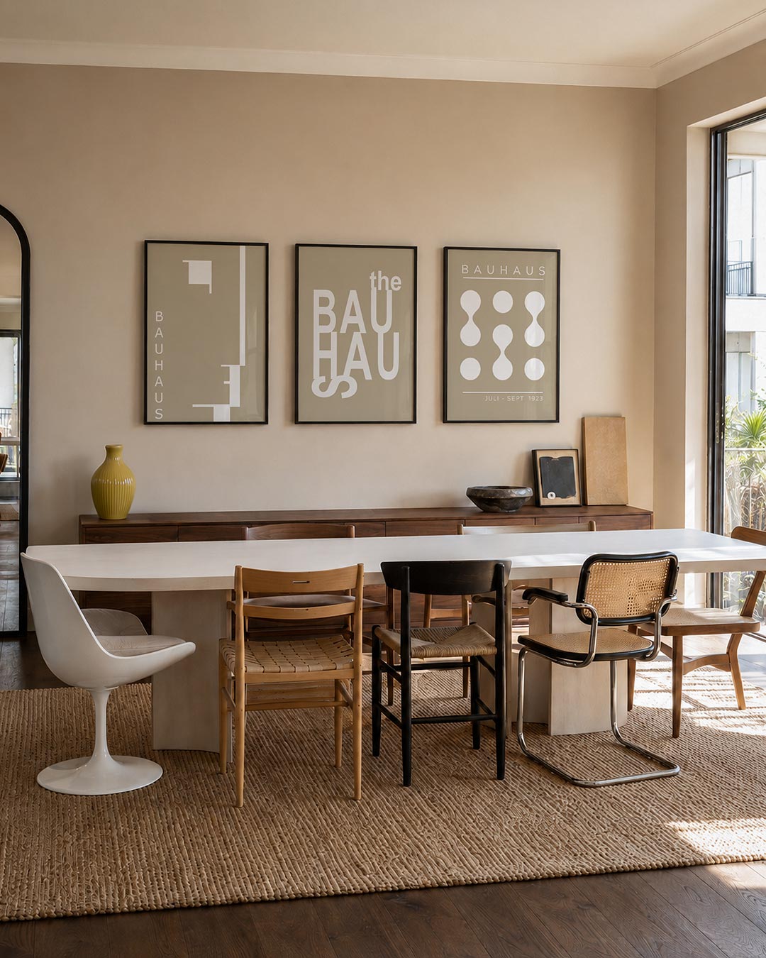 Lijnen en vlakken posterset – tweede productweergave – deze posterset in drie delen toont een spel van beige en wit. Rechte
