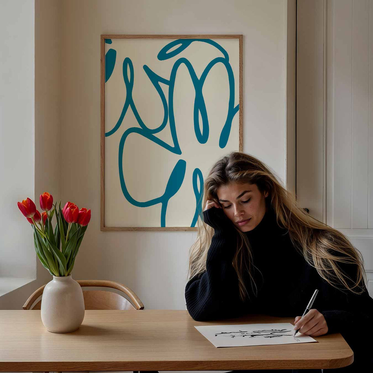 Abstracte Blauwe Bloem – bloemen poster als moderne staande wanddecoratie