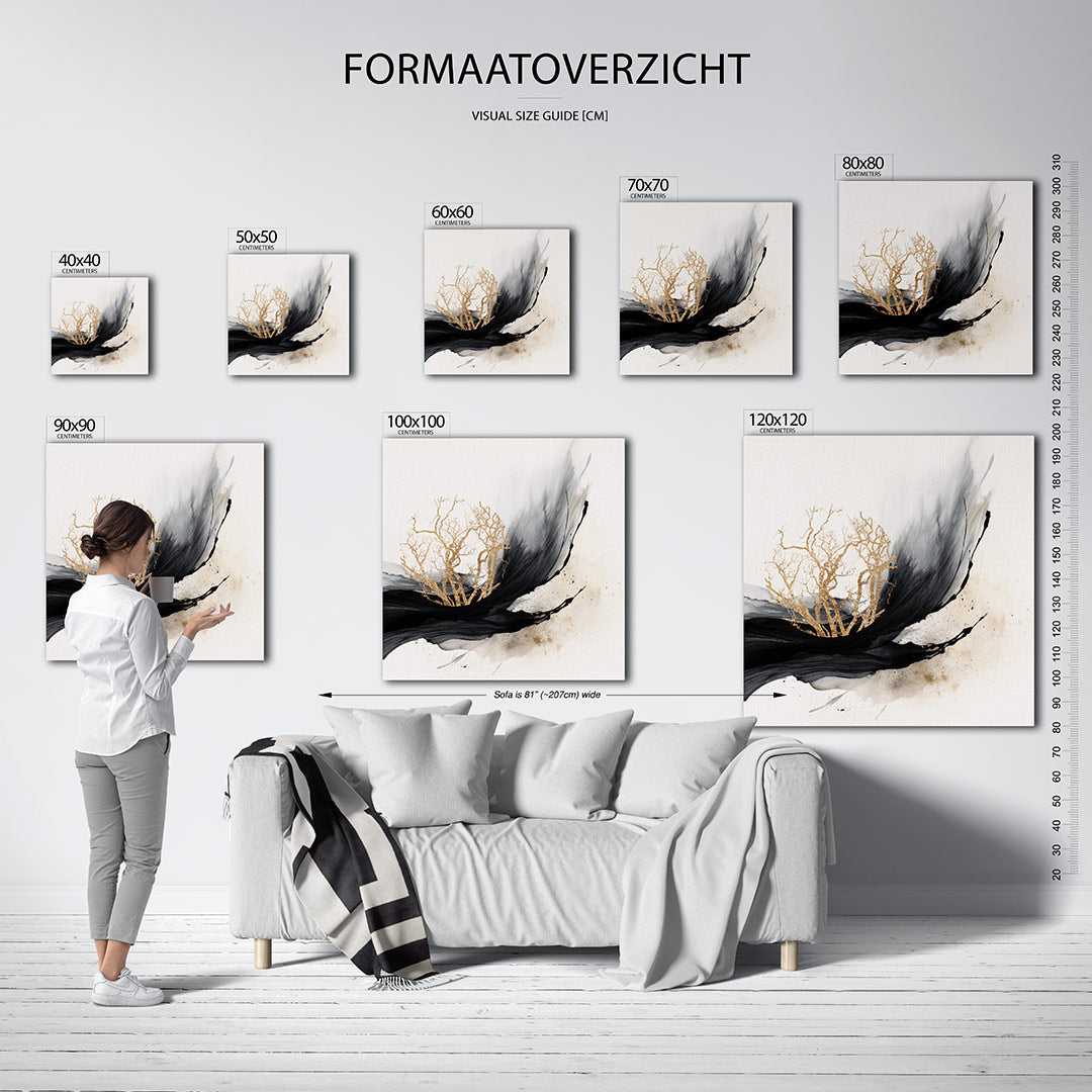 Gouden boom vortex kunstwerk – materiaalweergave – dit kunstwerk toont een gouden boom omgeven door vloeiende zwarte en beige