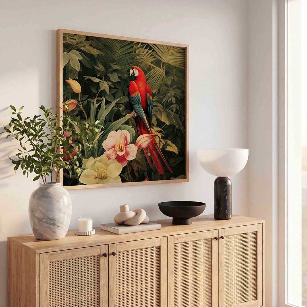 Papegaai en bloemen – tropische poster in vierkant formaat