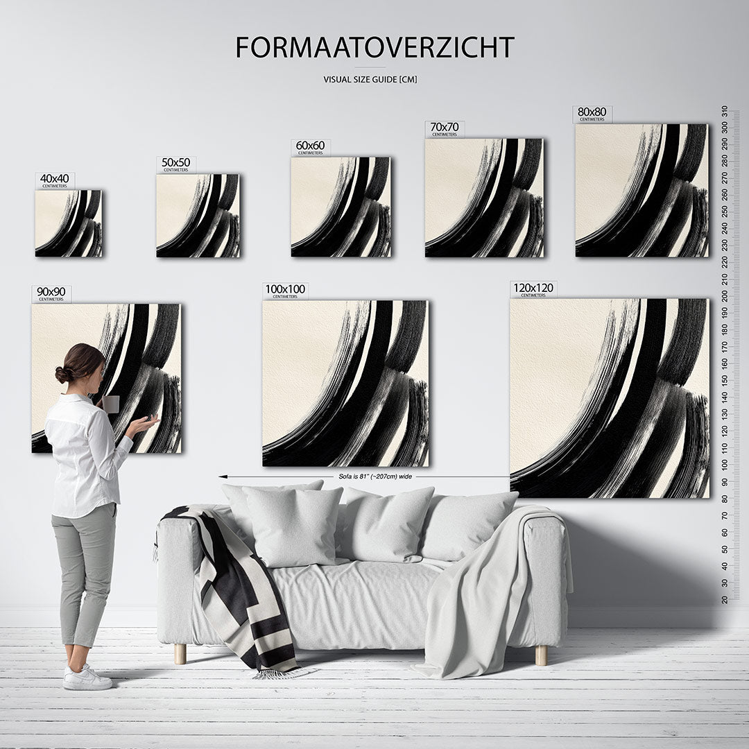 Abstracte kunstwerk – materiaalweergave – dit kunstwerk toont krachtige zwarte penseelstreken op een beige achtergrond. De