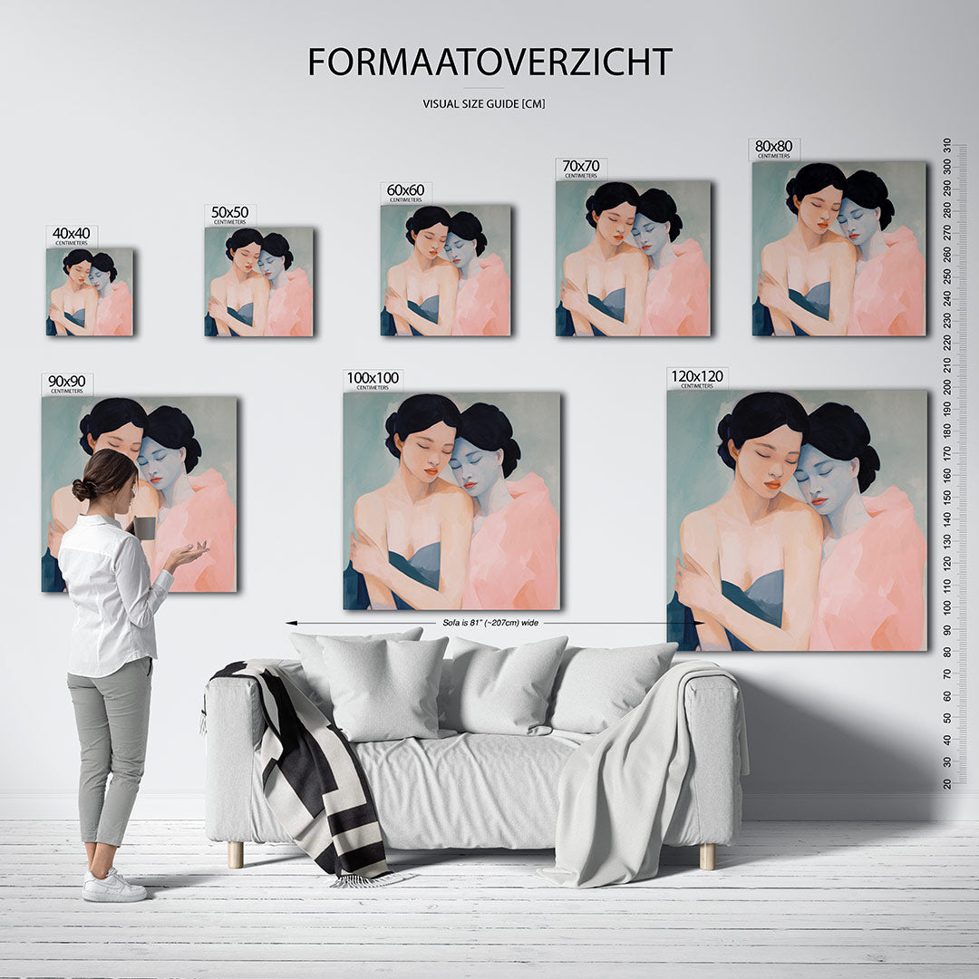Intieme omhelzing kunstwerk – sfeerbeeld – dit kunstwerk toont twee figuren in een zachte omhelzing, met vloeiende lijnen en