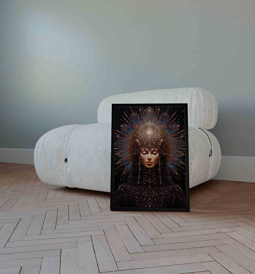 Vrouw met sierlijke kroon – surrealistische wandkunst als portret poster