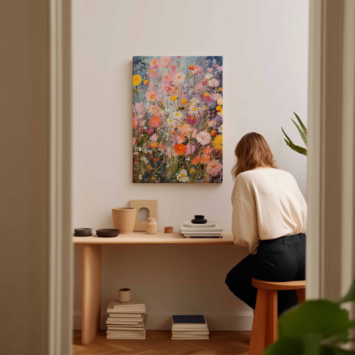 Kleurrijke Bloementuin Schilderij – plexiglas wanddecoratie in portret formaat
