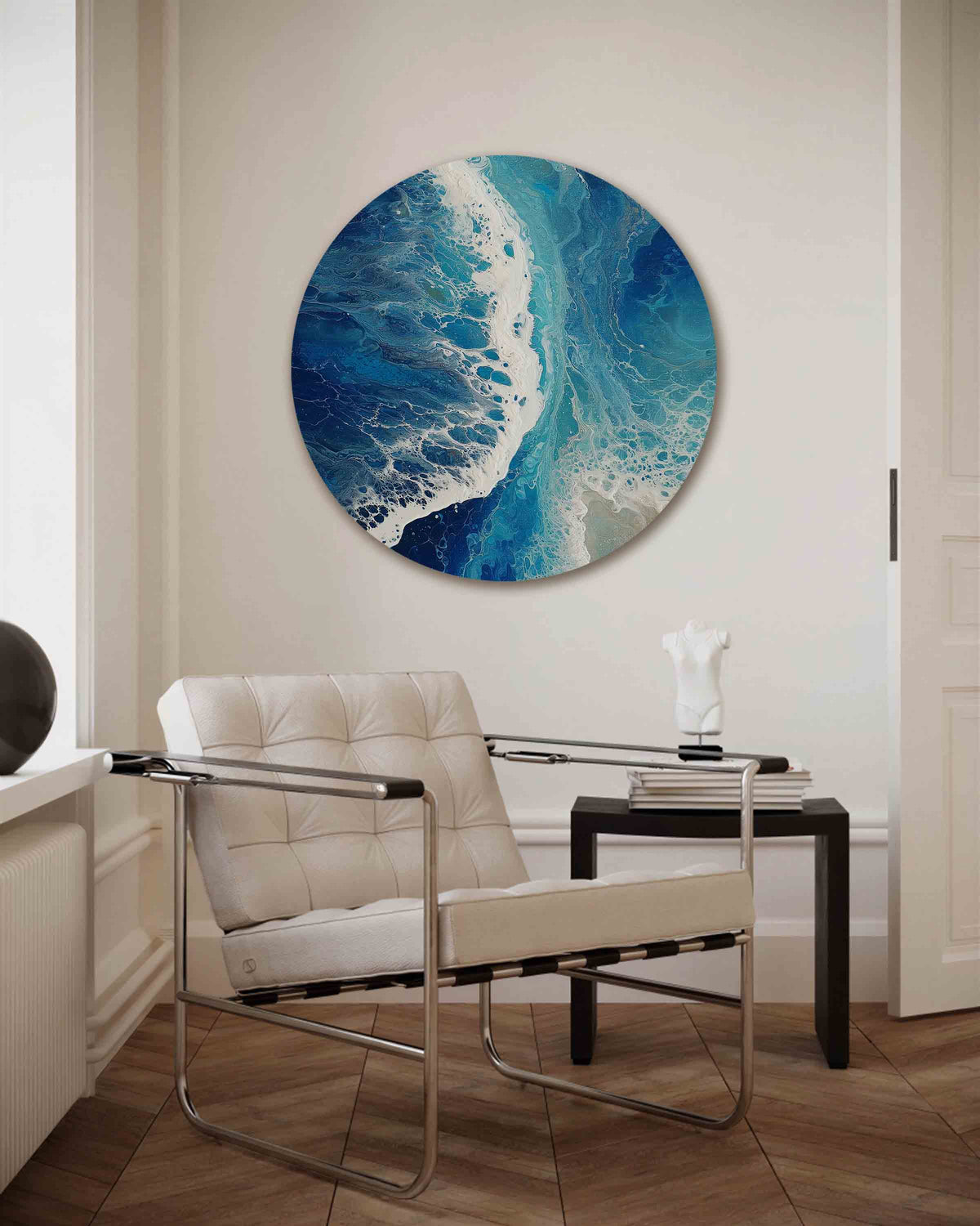 Blauwe golven – abstracte muurcirkel als ronde wanddecoratie