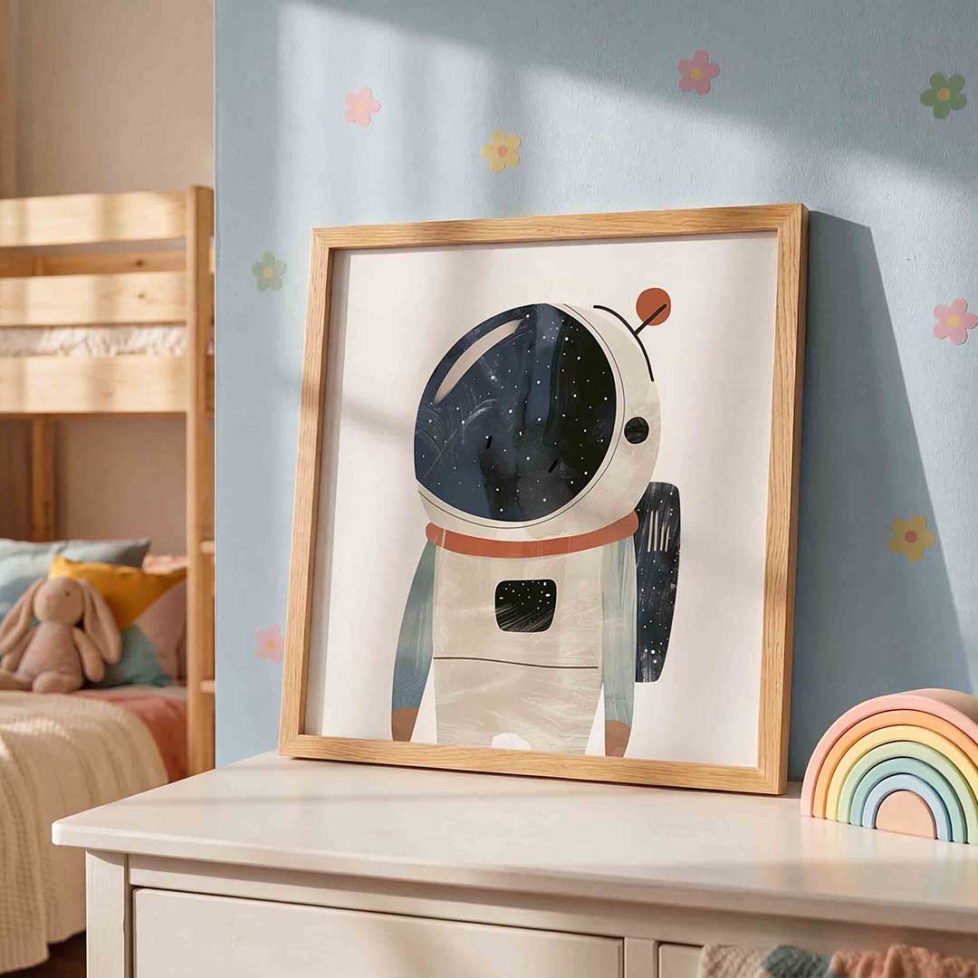 Astronaut met helm – speelse wandkunst als vierkante kinderposter