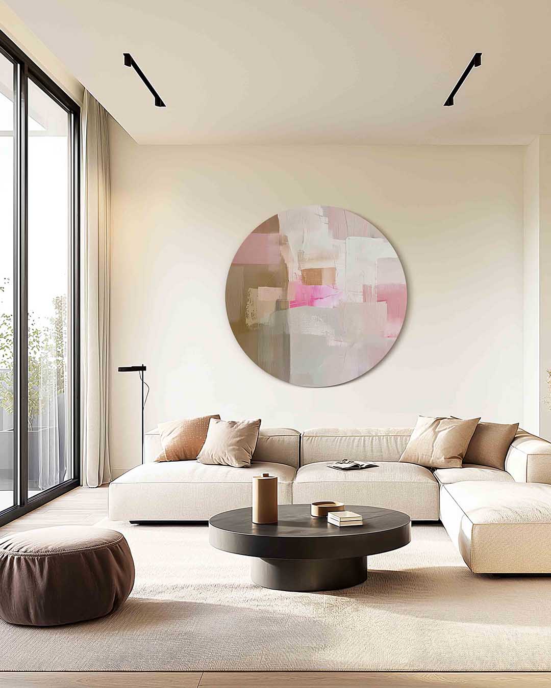 Abstracte roze en beige – kleurrijke muurcirkel als ronde wanddecoratie