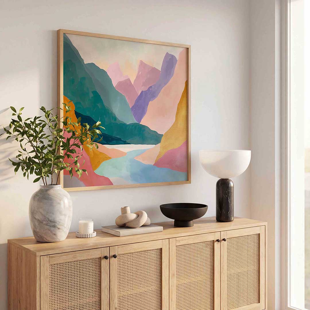 Berglandschap in pastel – kunst en design poster in vierkant formaat