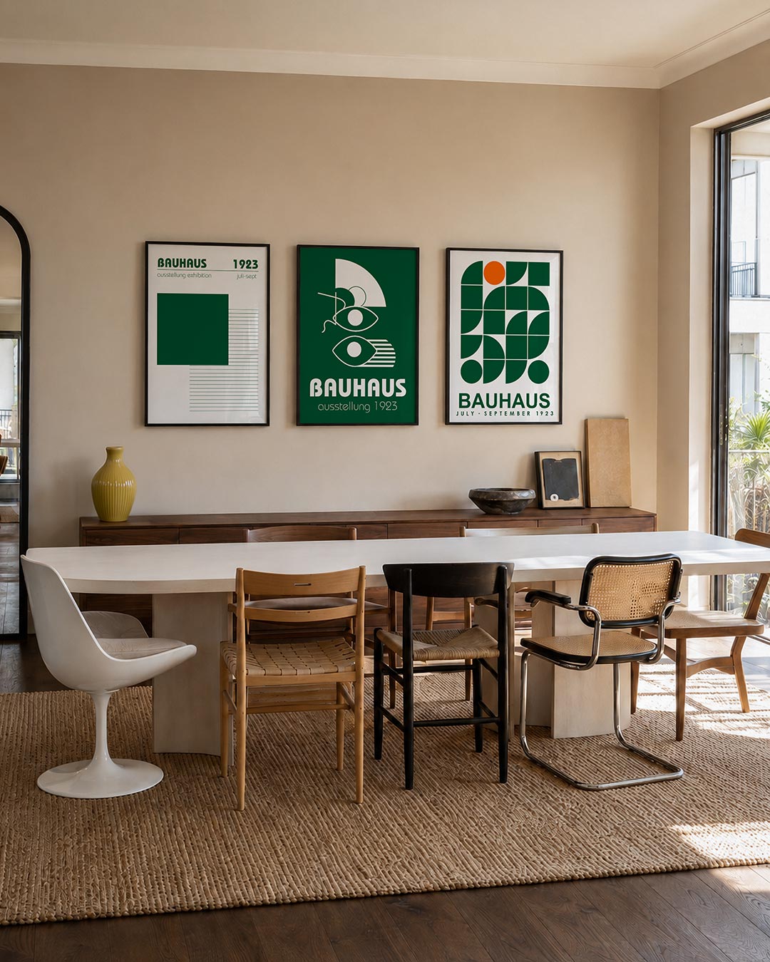 Vlak en lijnenspel posterset – tweede productweergave – deze posterset in drie delen toont een groot donkergroen vierkant dat
