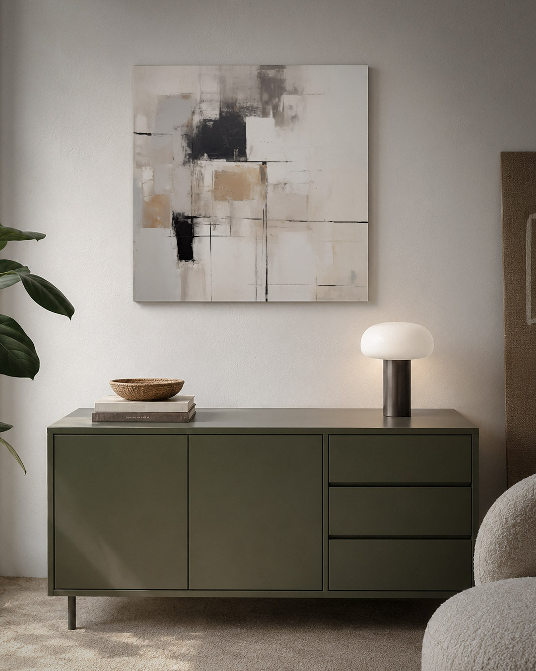 Geometrische compositie kunstwerk – detailweergave – dit werk toont een subtiele balans van rechthoeken en lijnen in neutrale