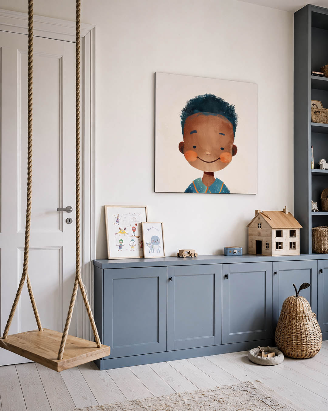 Vrolijk portret kind kunstwerk – vierkante wanddecoratie – dit kunstwerk toont een vrolijk kind met een brede glimlach. De