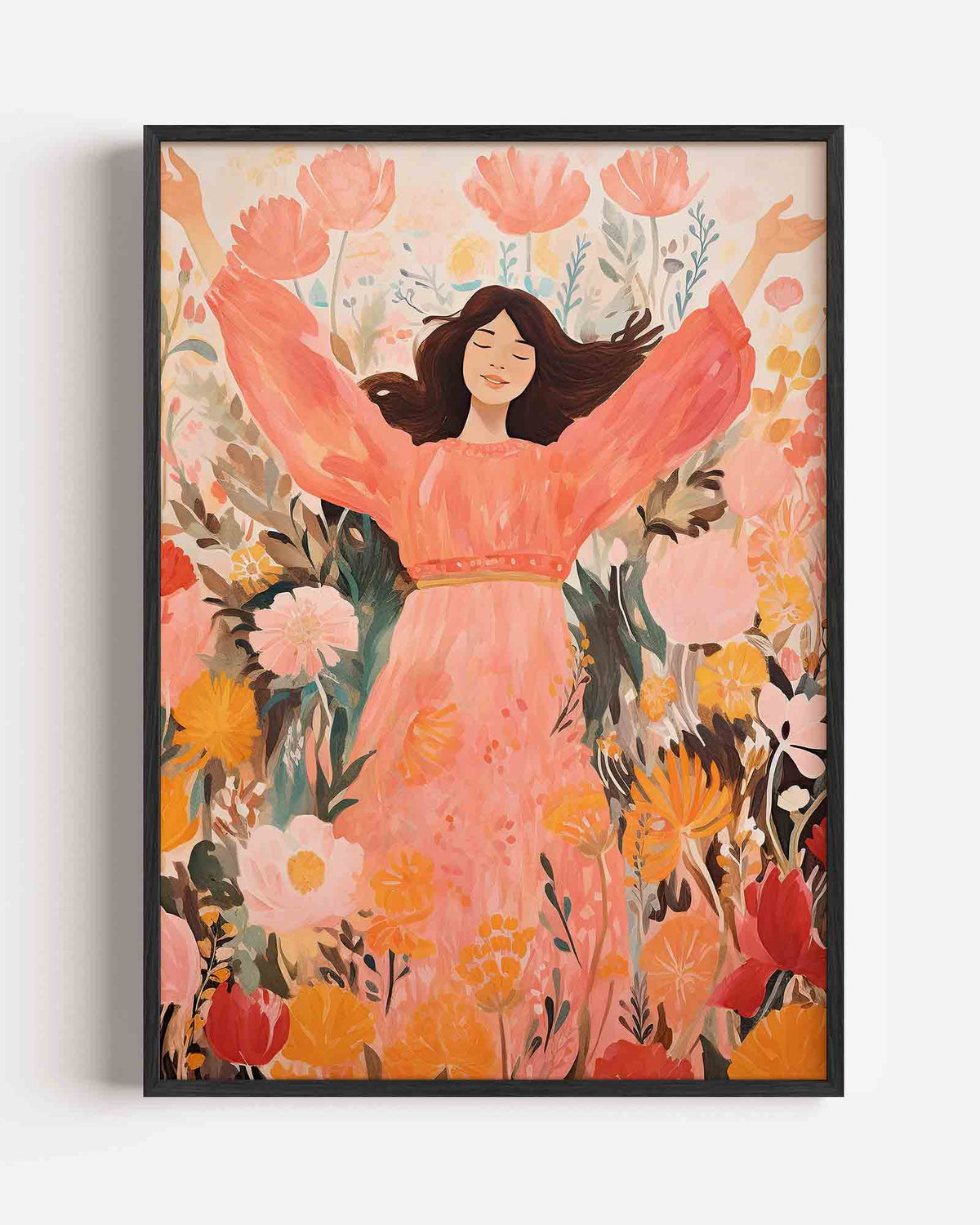 Vrouw in bloemen – kids portret poster als wanddecoratie