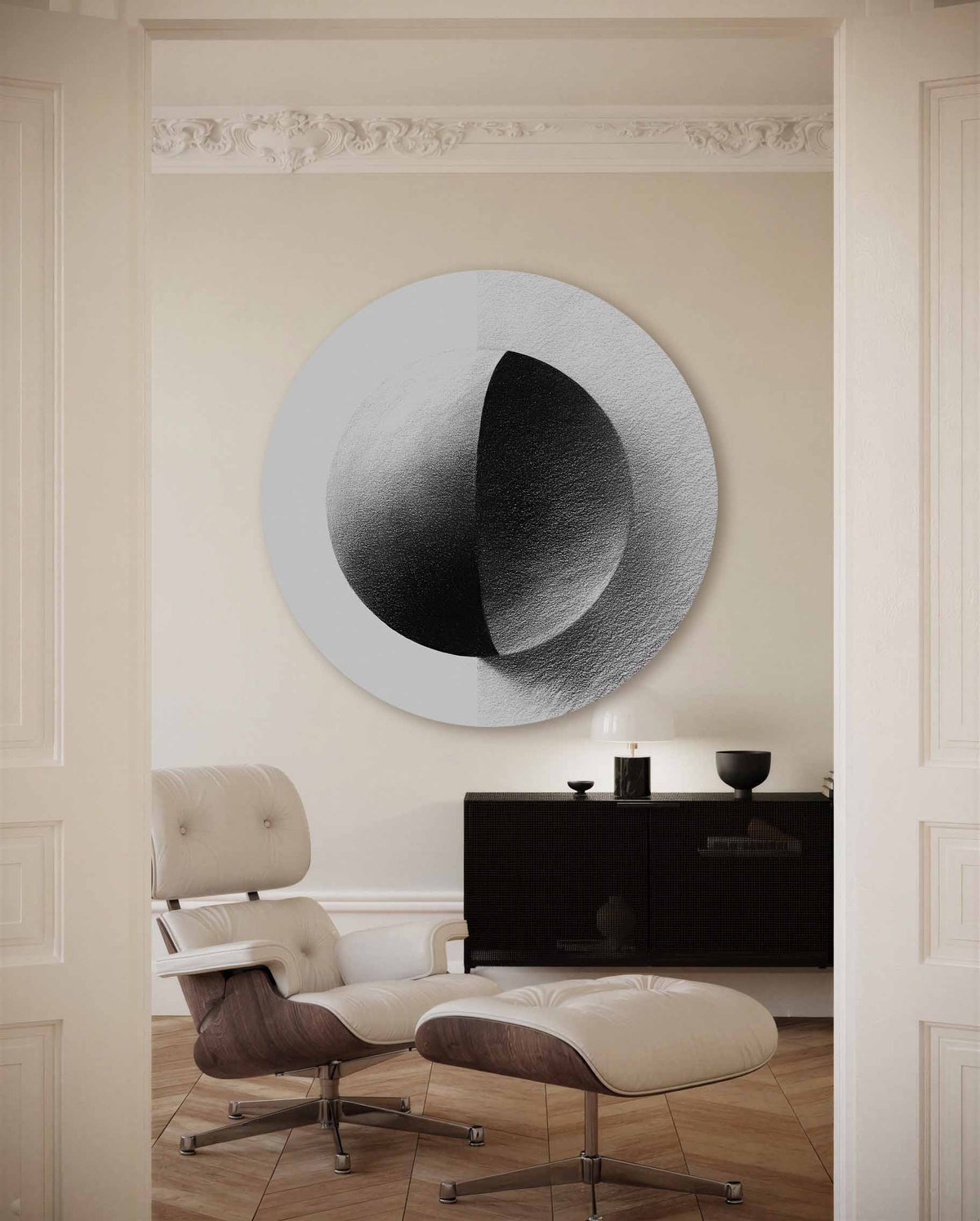 Zwart witte bol – portret muurcirkel als ronde muurdecoratie