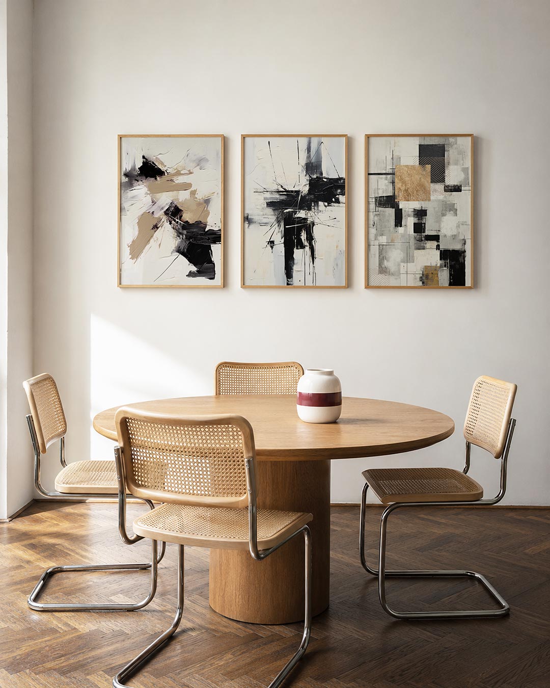Dynamische kleurvlakken driedelige posterset in interieur