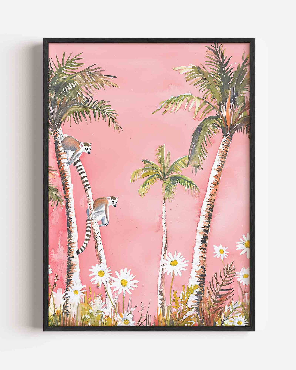 Lemuren en palmbomen – hedendaagse illustratie portret poster als wanddecoratie