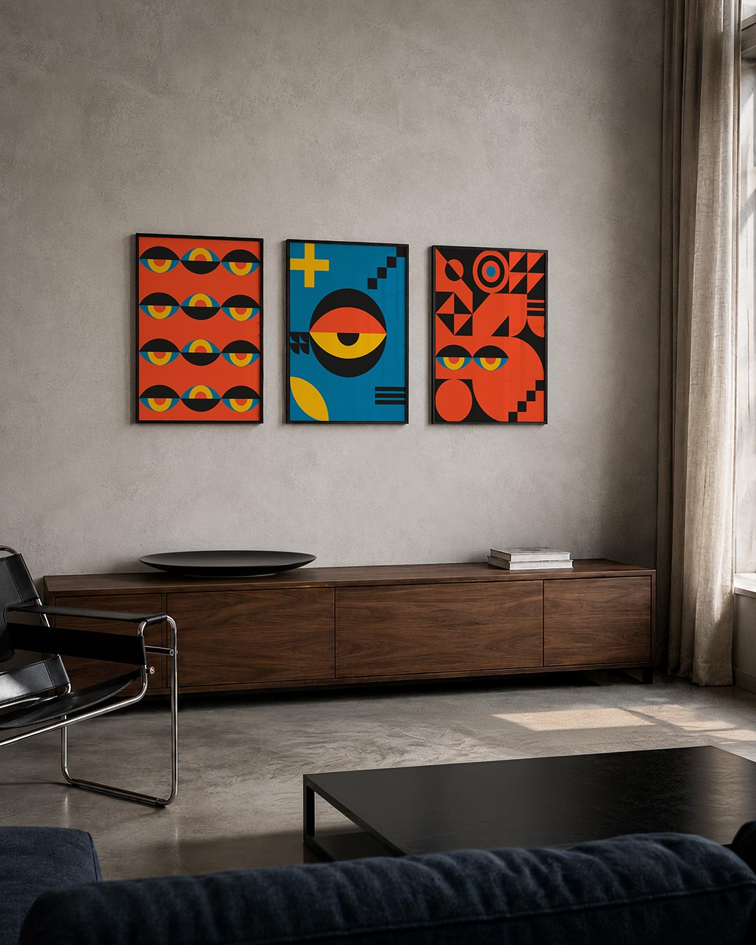 Kleurrijk lijnenspel posterset – tweede productweergave – deze posterset in drie delen toont een ritmisch patroon van halve