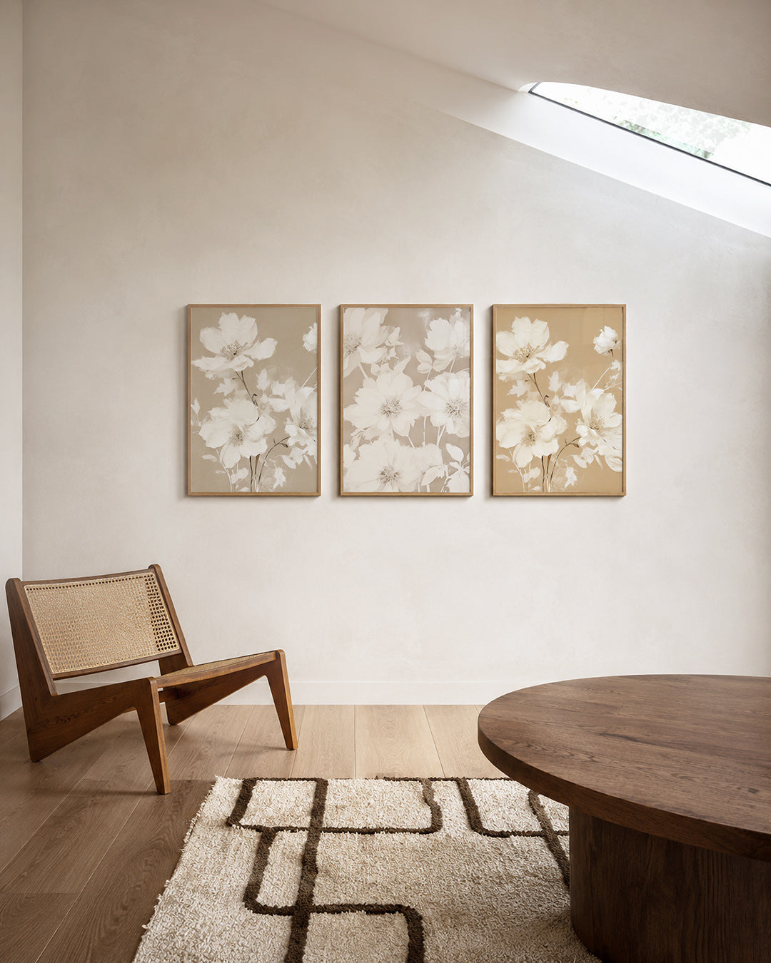Bloemrijke zachttekening – deze posterset in drie delen toont delicate witte bloemen op een zachte beige – weergave 3