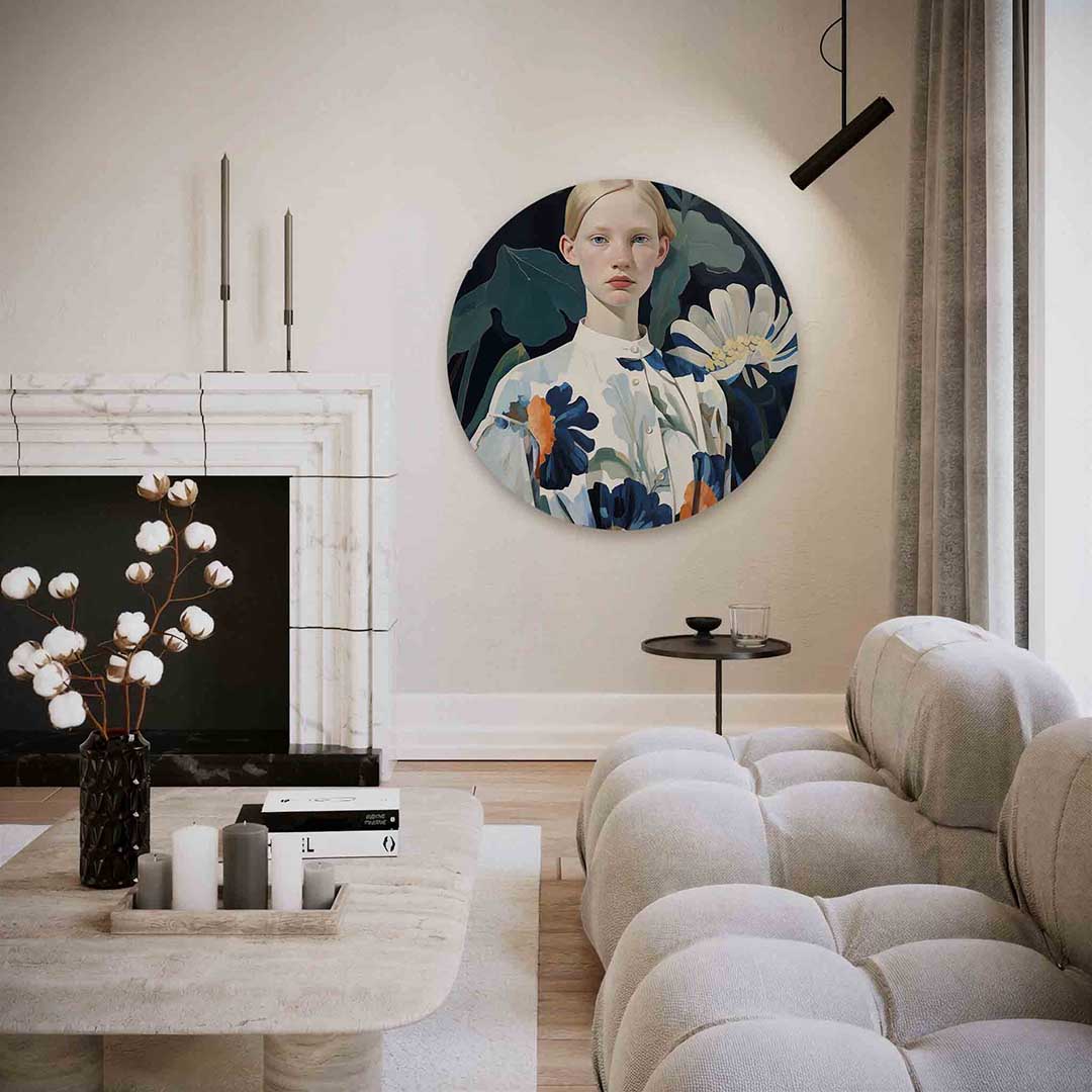 Vrouw met bloemen – abstracte textuur muurcirkel als wanddecoratie