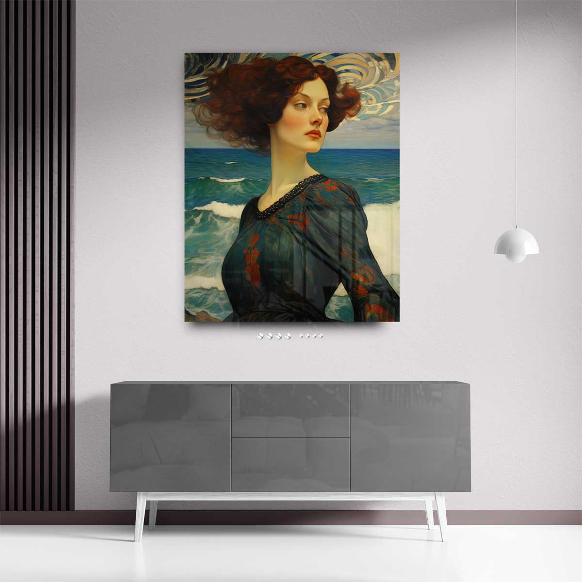 Dromerige dame aan zee – plexiglas kunstwerk als wanddecoratie