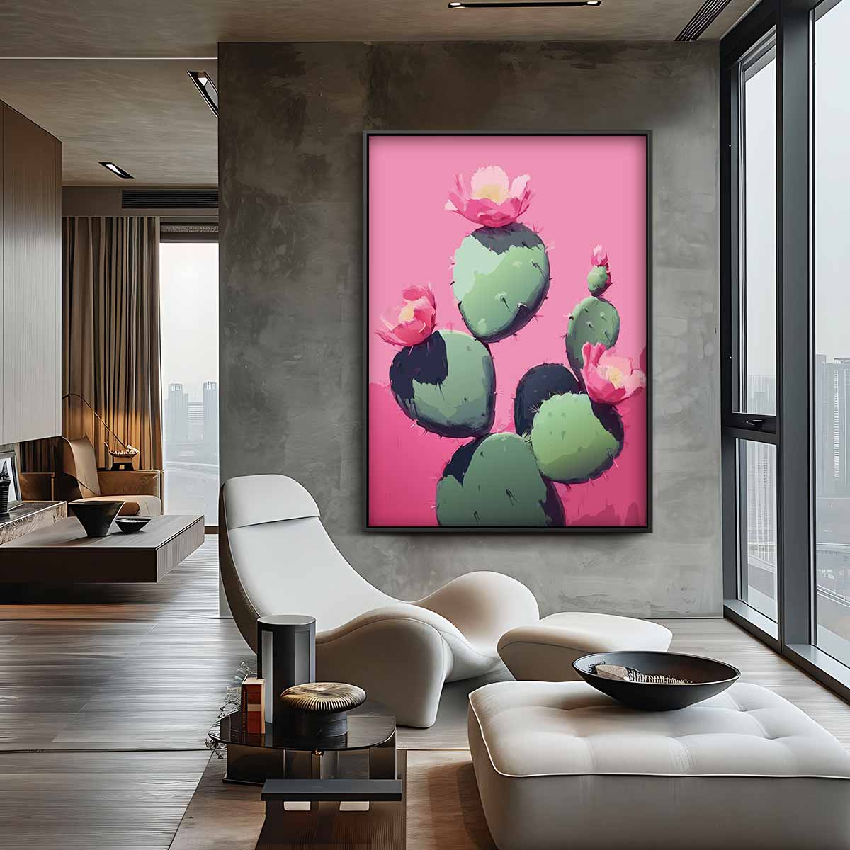 Cactus Bloei op Roze Achtergrond – staand kunstwerk voor modern interieur