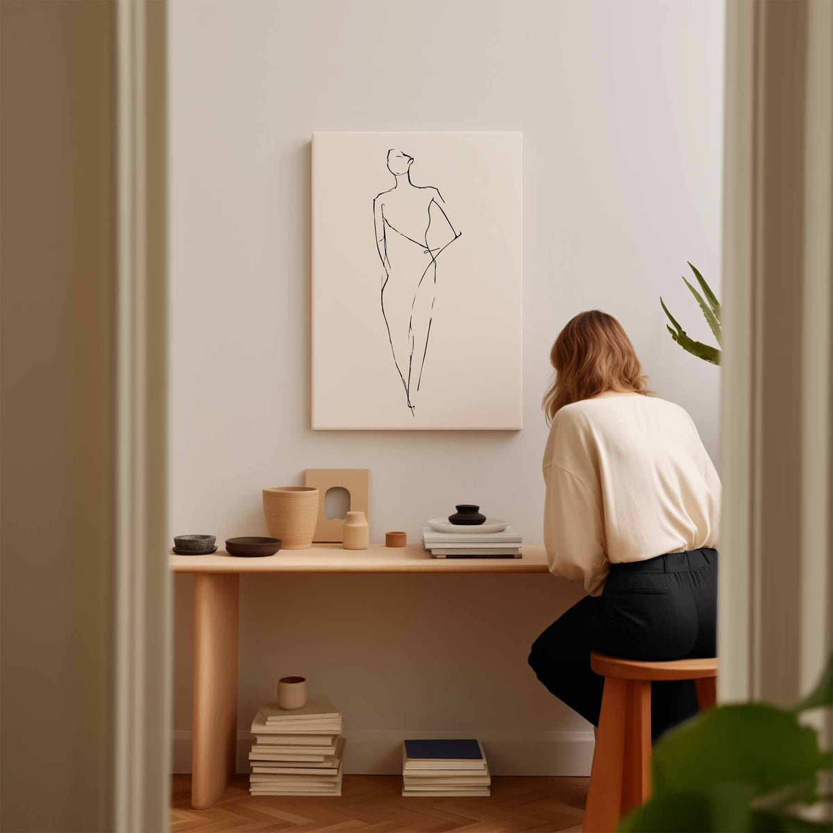 Elegante Lijntekening van een Vrouw – modern portret kunstwerk van WallArtistic