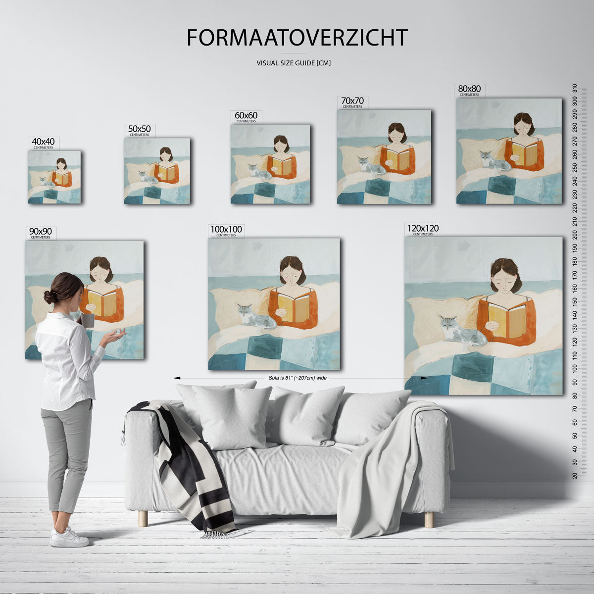 Lezende vrouw met kat – vierkante muurposter met kunst en design